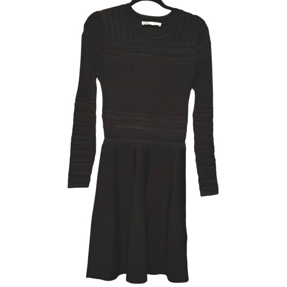 ZARA Rare Textured Open Weave Long Sleeve A Line Black Ribbed Dress size Large - Picture 3 of 12